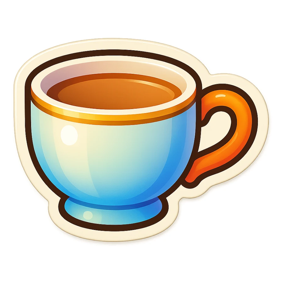 Hermès-style ceramic cup of tea, minimal design, Hermès orange handle, gold rim, cute emoji style, different lighting, on white or transparent background sticker