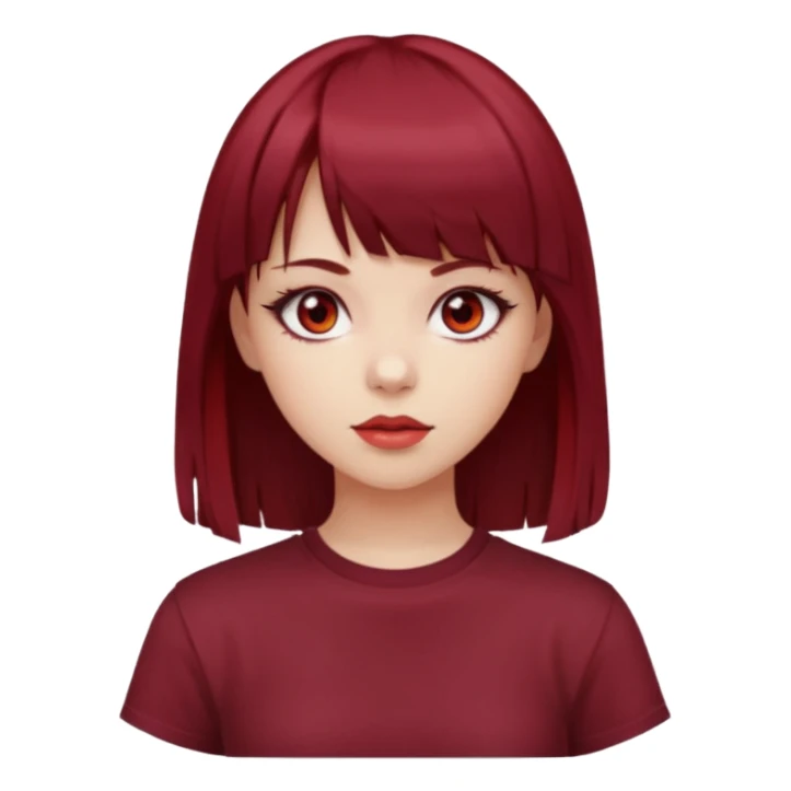 beautiful girl with dark maroon and red medium hair, straight bangs and red bando, red eyes, brown long tshirt, white skin sticker