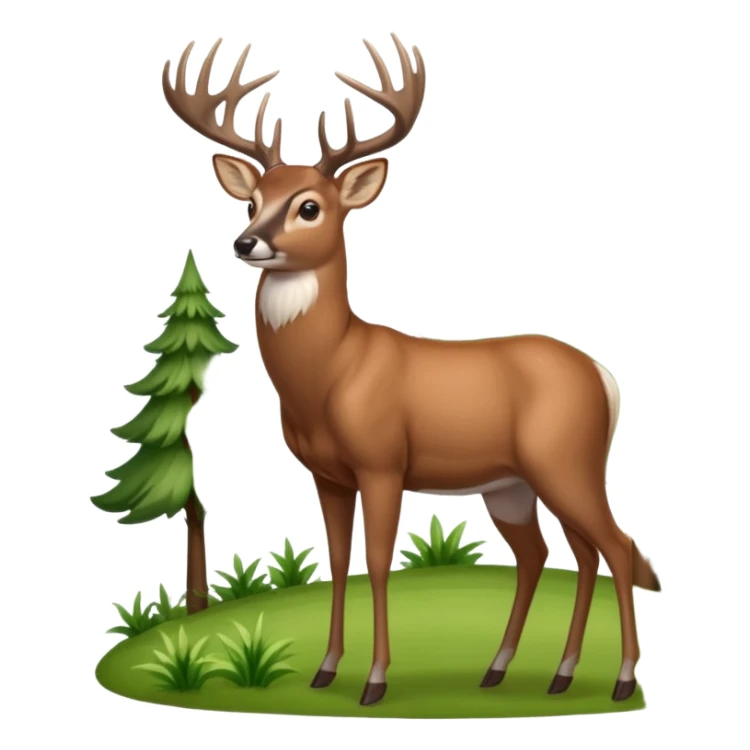 Whitetail buck standing on a hillside with trees and brush in the background. sticker