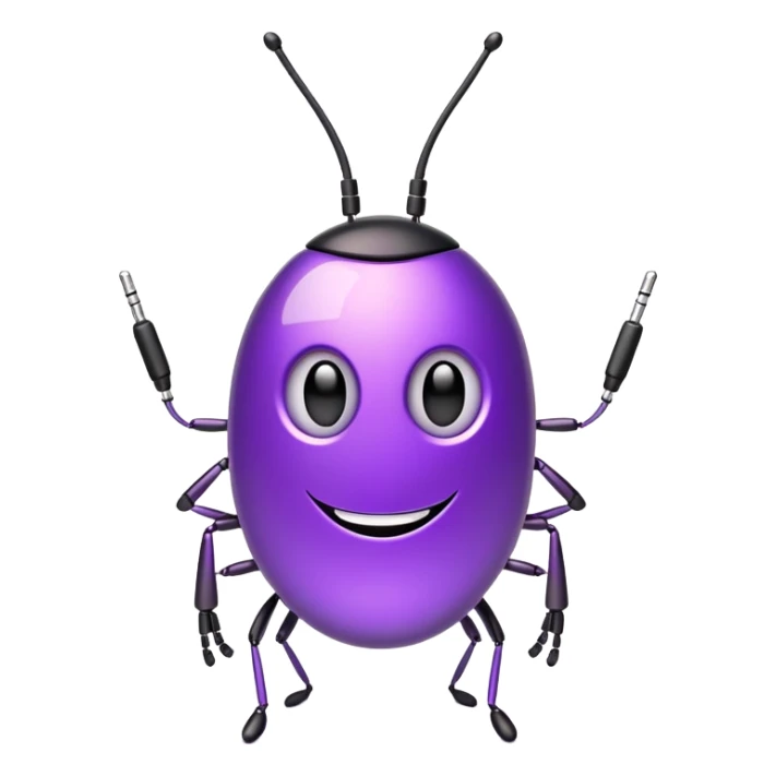 fun purple optiwatt bug with antenna, smiling face, and a tech circuit pattern on its body sticker