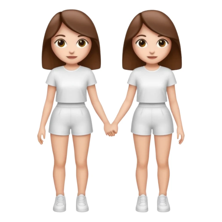 👯‍♀️ generate this emoji, as two white girls, bffs, the same pose but maybe the outfit cuter. we are models. both with brown hair. one girl in white outfit, the other in black sticker