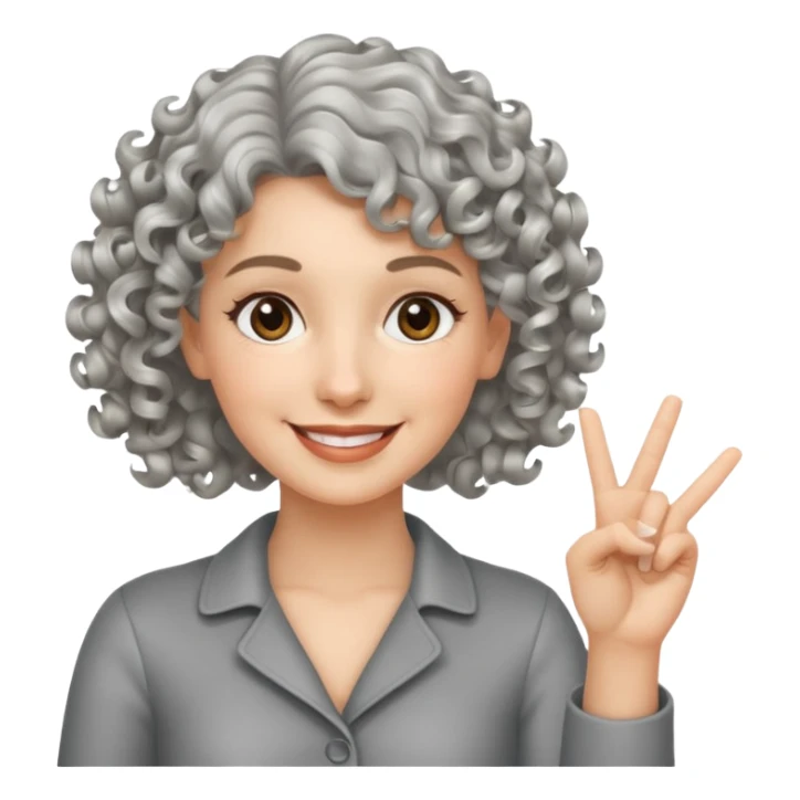 silver, short, wavy-haired with curls, smiling pretty lady, hopeful,  2 fingers up


 sticker