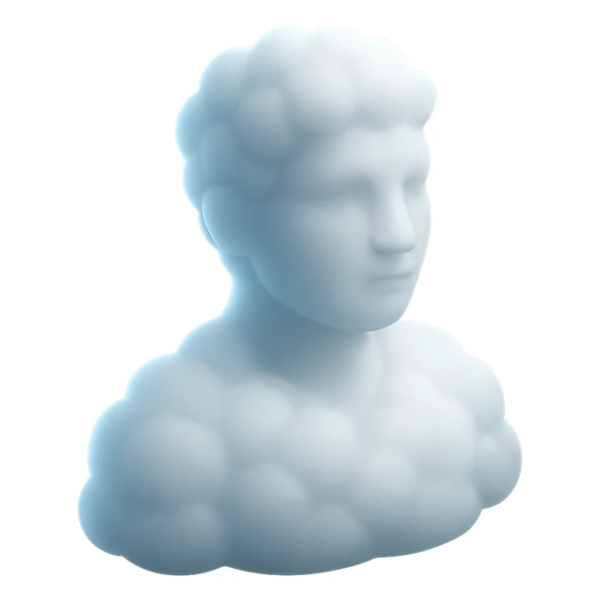 person looking straight, fully made of white fluffy convex clouds, shoulder up, matte glass style sticker