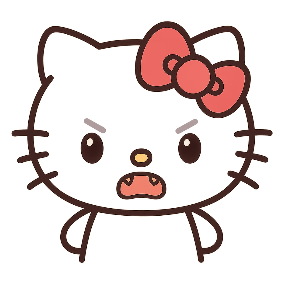 angry hello kitty, kawaii style, red bow, furrowed brows, tiny fangs showing sticker