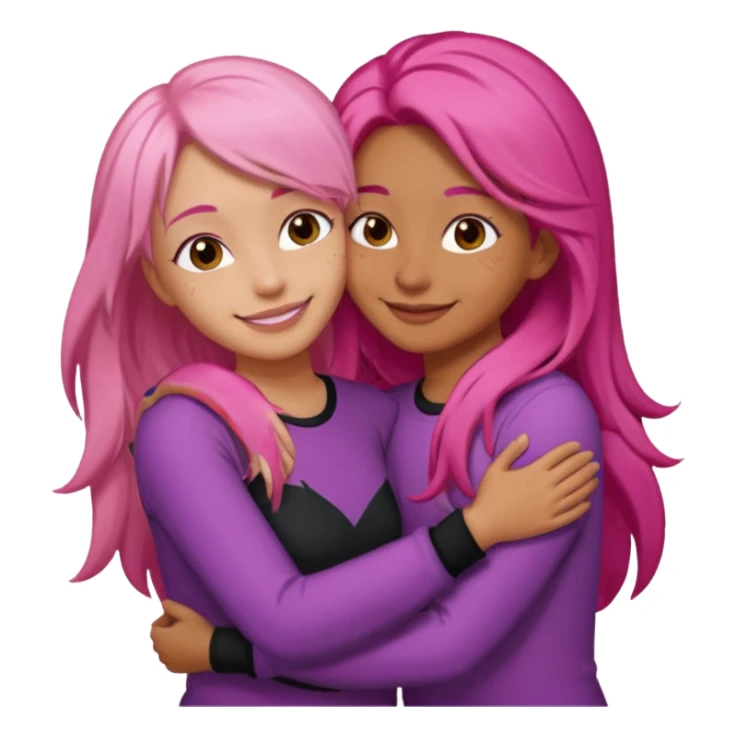 Surprisingly goofy once they open up. Strong, loyal, and incredibly supportive — but still hates wasting time. one woman with long pink hair hugging another woman with short  dark hair sticker