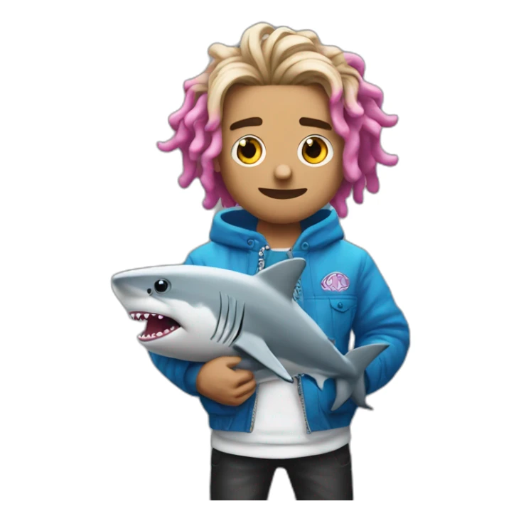 Lil Pump holds a double cap with a shark in his arms sticker