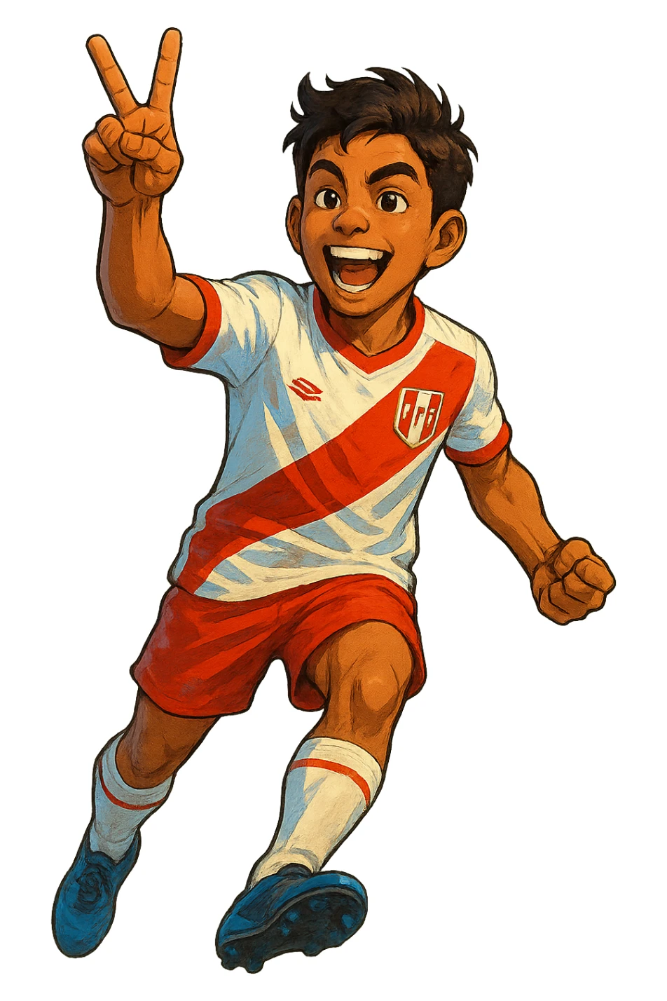 young Peruvian soccer player making a victory gesture, digital illustration style sticker
