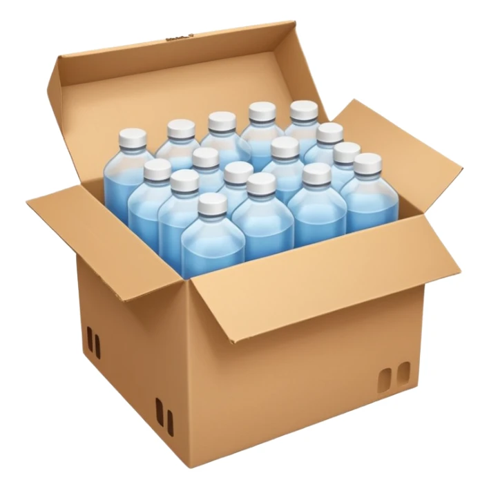 white transparent plastic bottles popping out of a delivery cardboard box sticker