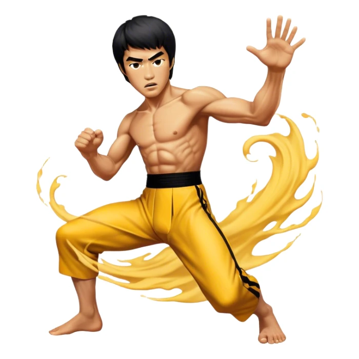 Cinematic Realistic Bruce Lee Portrait Emoji, depicted as a dynamic martial arts icon with an intense gaze and athletic physique caught in a fluid motion, rendered with vivid textures and energetic lighting that embodies his legendary prowess. sticker