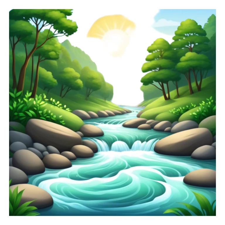 Cinematic Realistic River Emoji, Serene and flowing, with sparkling water meandering through lush greenery, surrounded by trees and rocks. The sun dances across the rippling surface, creating glimmering reflections while birds fly overhead. Soft glowing outline, capturing the essence of peacefulness and tranquility in a meandering river. sticker