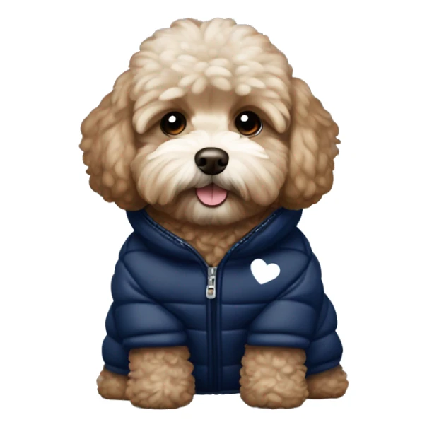 Brown Maltipoo wearing navy blue puffer jacket with little white hearts sticker