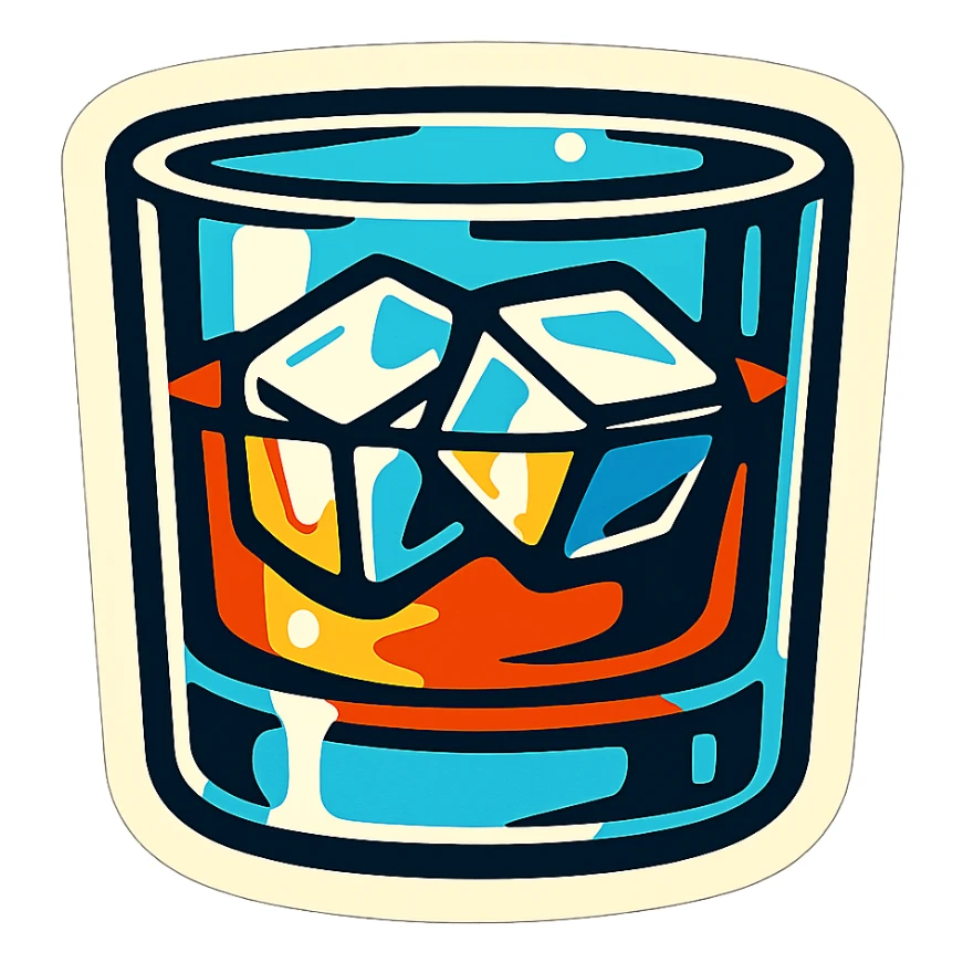 whiskey glass with two large ice cubes, retro stickers style, sharp black outlines, expressive shadows and highlights, no gradients, only sharp color transitions, side view sticker