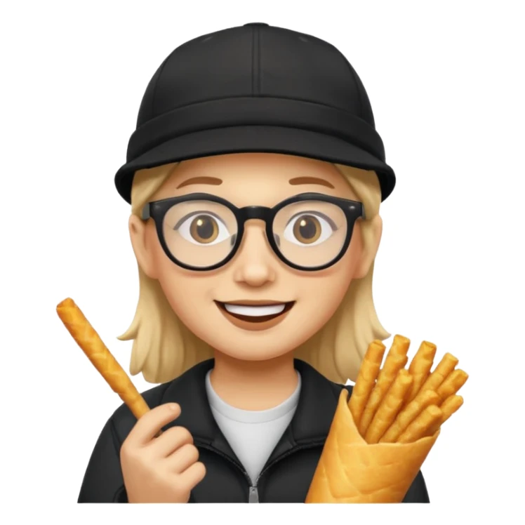 num num eatting hashbrown sticks with a plain black cap and glasses no hair sticker