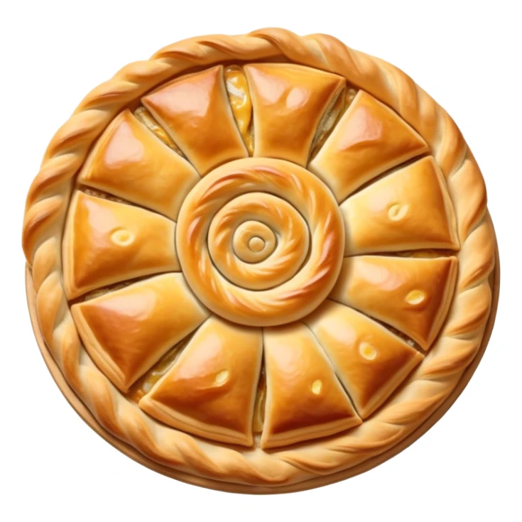 cinematic-realistic-burek-sa-sirom-dish-emoji,-showcasing-a-flaky-pastry-filled-with-cheese-rendered-with-crisp-textures-and-appetizing,-warm-lighting. round spiral\ sticker