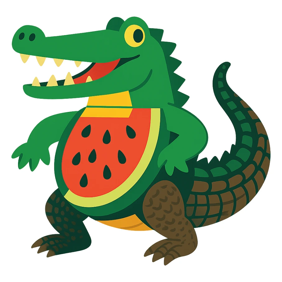playful crocodile with a sliced watermelon torso, detailed realistic crocodile tail and legs sticker