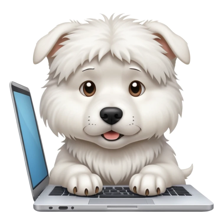 A busy white dog typing on a laptop looking stressed and overwhelmed sticker
