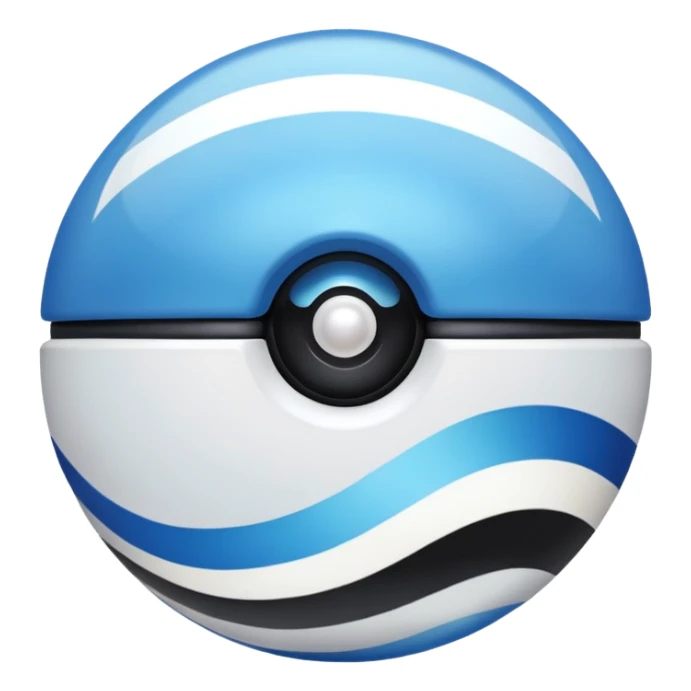 blue pokeball emoji, top half is a more saturated blue, bottom half is white, black stripe, with a white sheen, with a pearlescent finish, with a wave effect sticker