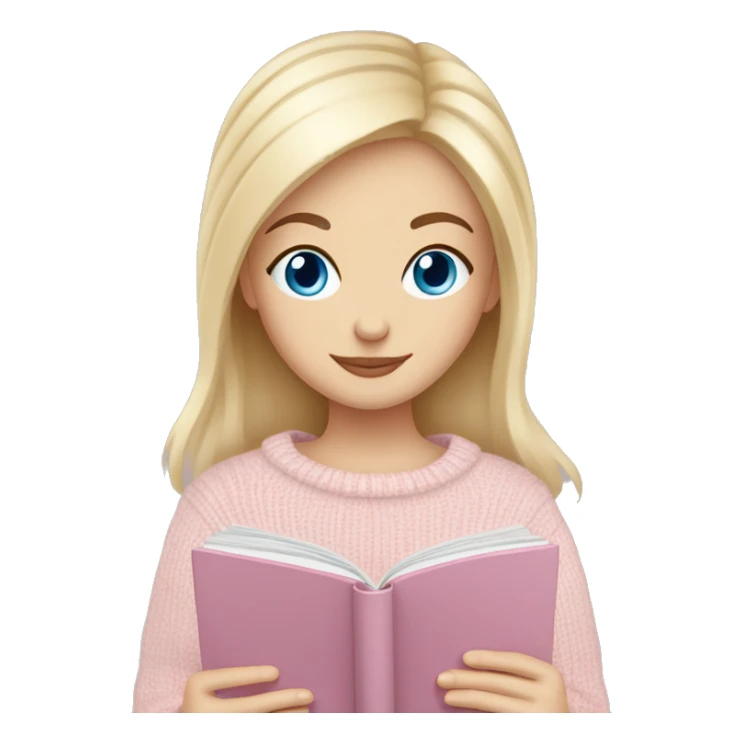 Pretty blue eyed white girl with light pink sweater reading cozy sticker