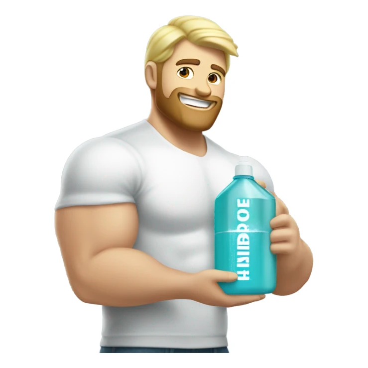 Buff man with blonde short hair and a medium length blonde beard riding on top of a giant bottle of listerine sticker