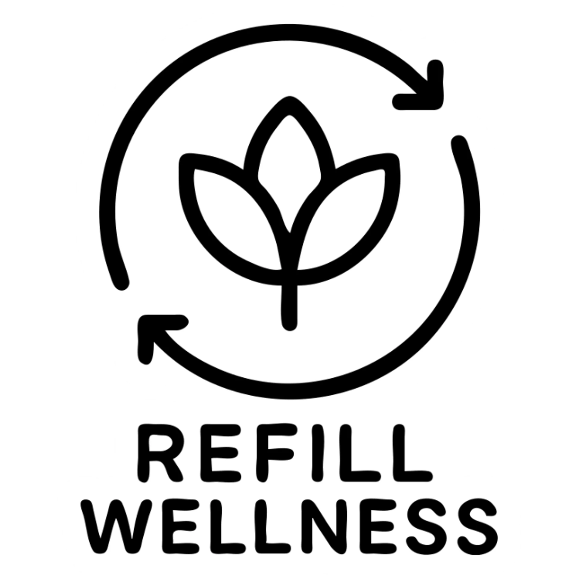 minimal black and white logo for 'Refill Wellness', abstract design with refill arrow and subtle wellness icon, very clean and modern sticker