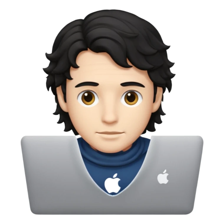 guy with wavy black hair and skin tone a little bit white, with a macbook sticker