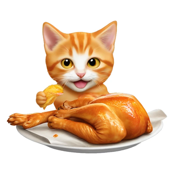 Orange kitten eating rotisserie chicken ￼ sticker