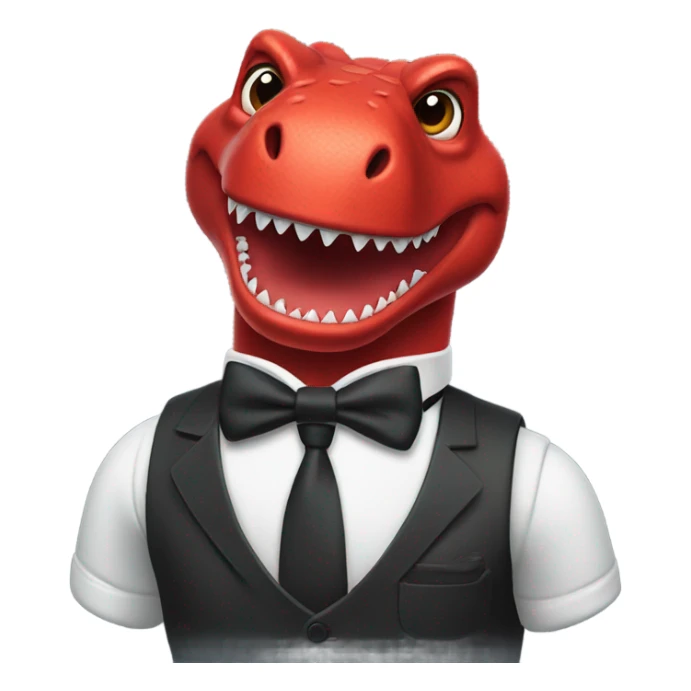 A red trex with a water bottle, wearing a black bow tie  sticker