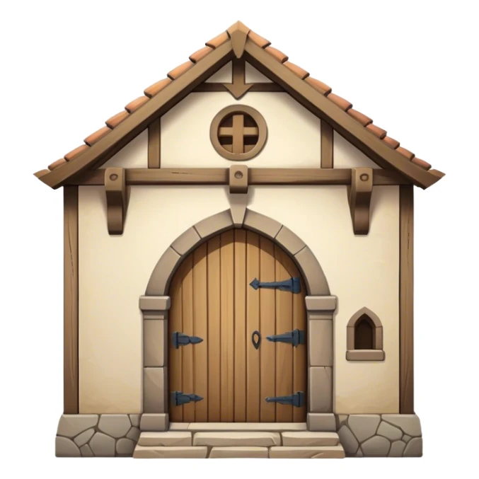 A square-shaped, single-story medieval building. It has one door. It looks old. sticker