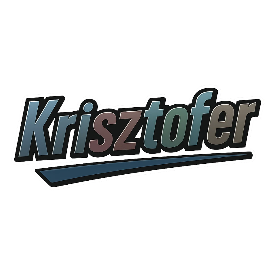 Text image of the name 'Krisztofer' in a masculine, modern, gradient font with accurate Hungarian characters, dark contour, prominent and clearly visible white border as in sample images, dynamic slanted underline, masculine color shades including blue, gray, burgundy, green, and brown, 1000x1000 px, PNG, transparent background. sticker