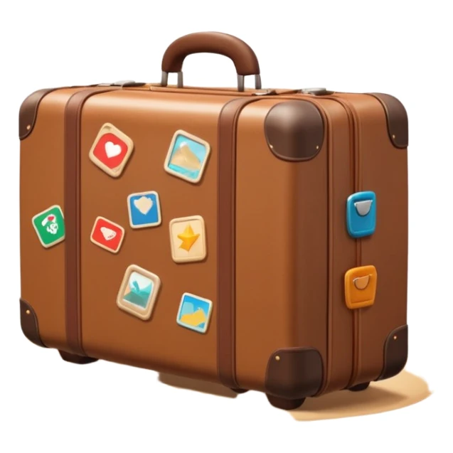 A 3D cartoon suitcase placed on the ground with travel stickers, soft sunlight, warm tone, realistic Memoji-style design. sticker