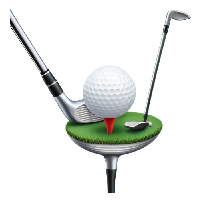 A golf ball on a tee, with a golf club placed beside it on the lush green fairway. The background shows a serene golf course with neatly trimmed grass and a clear blue sky, emphasizing the elegance and precision of the game. sticker