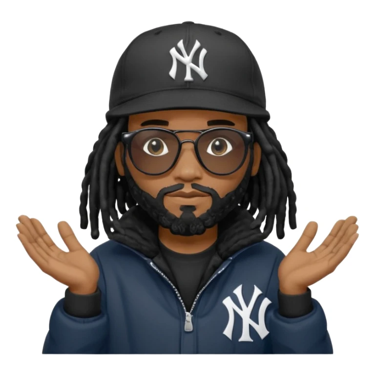 African American man with shoulder length black dreadlocks with black beard wearing black sunglasses wearing a black New York Yankees logo baseball cap wearing a black bubble winter coat with hands down with both palms facing down sticker