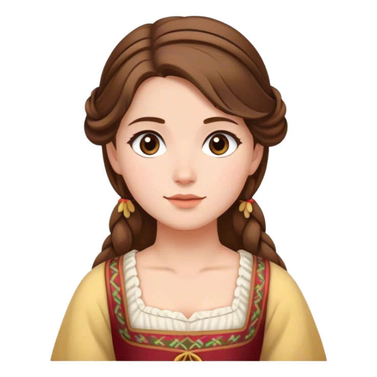 Cinematic Serene Belle Portrait Emoji, rendered in a simplified vector style. Depict a gentle Belle (chest and above) with fair, glowing skin, softly cascading brown hair, and a calm, inviting expression, dressed in her traditional village dress. The image exudes a soft, luminous glow and is outlined with a subtle, warm light. sticker