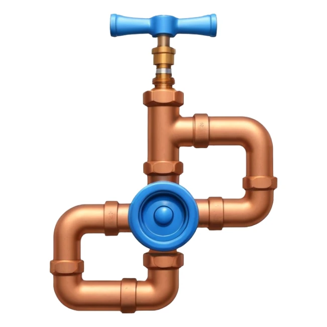 3D icon of connected copper pipes with a blue valve in the center, professional Pixar-like style, plumbing-focused, slightly shiny metallic textures, white background



 sticker