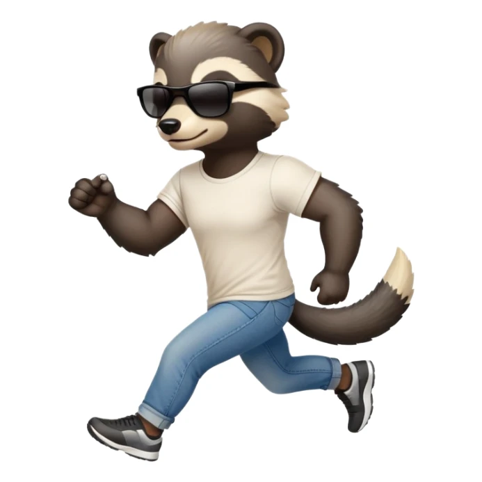 friendly anthropomorphised honey badger in jeans and a t-shirt, wearing sunglasses, jogging upright, relaxed pose sticker