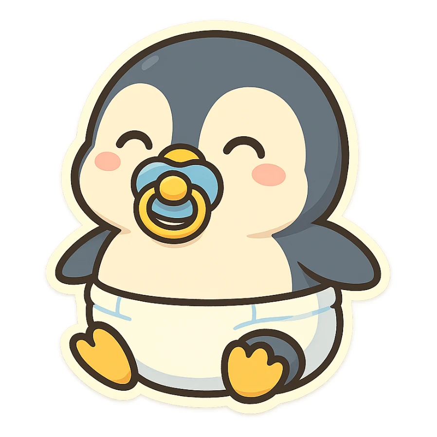 chubby penguin with a diaper and a pacifier, cheerful and childlike sticker