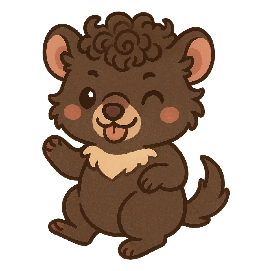 Tasmanian devil with curly hair, playful expression, full body, cute chibi style sticker