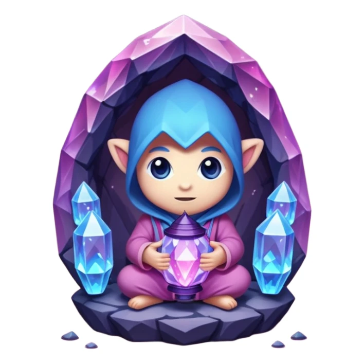 purple, blue, and pink crystal chibi creature holding a lantern inside a crystal-filled cave sticker