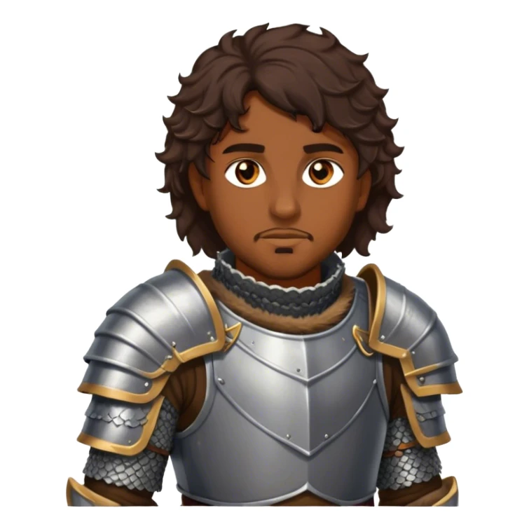 medieval battle armor worn by a DnD themed fantasy character. basic brigandine vest over chainmail with a fur-lined collar. armor only above the waist. The armor full waist. The character's haven't arms. character is dark brown hair amber eyes short wavy hair brown-skinned man. sticker
