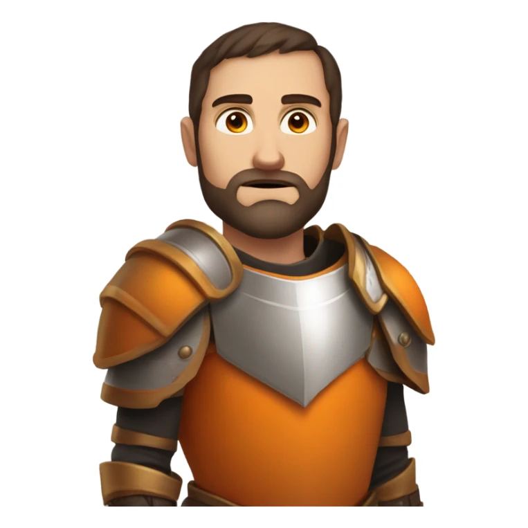 Confident White Man with dark brown hair and a short beard wearing large orange plate armor and eyes made out of orange light sticker