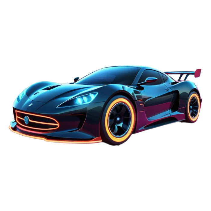 An icon showing a sleek car speeding through a neon-lit cityscape, inspired by Need for Speed. The design features dynamic motion lines, glowing tires, and a vibrant city backdrop with skyscrapers and lights. The rush of high-speed racing is highlighted. Transparent background. sticker