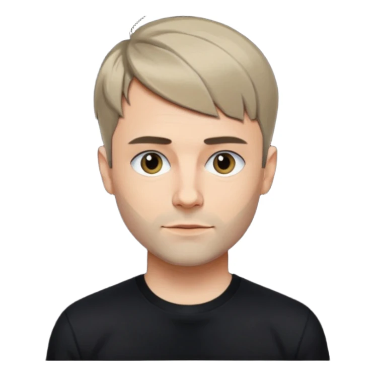 Oliver Riedel, cool, collected vibe, short hair, black shirt sticker