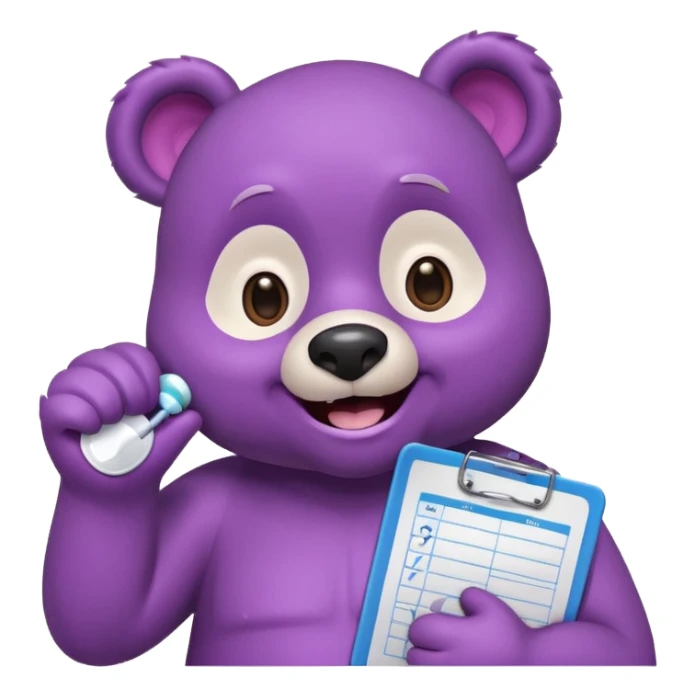 happy purple bear holding a medical chart sticker