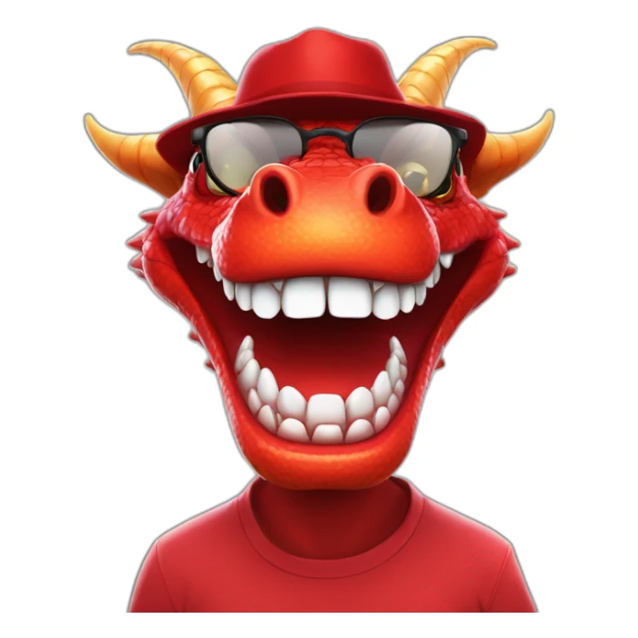 Crazy funny red dragon head with human white teeth and beautiful smile wearing glasses and hat sticker