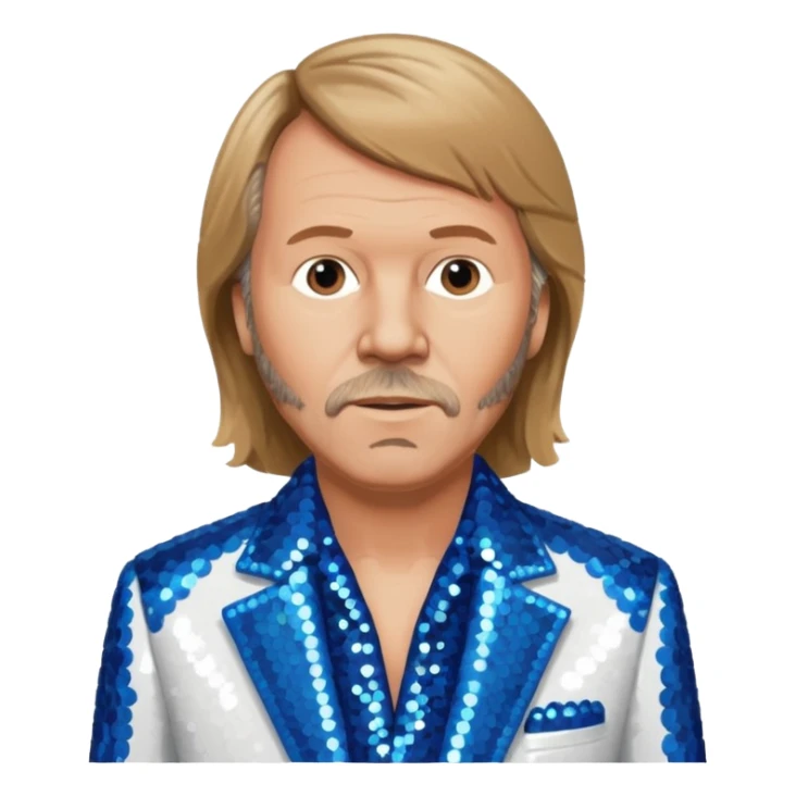 Benny Andersson from ABBA with light brown hair, blue sequin shirt, white sequin suit jacket sticker