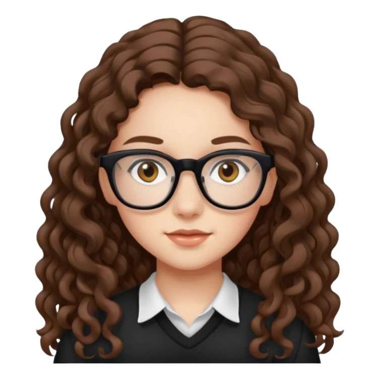 white teen girl with long brown curls, hazel eyes, and black frame glasses sticker