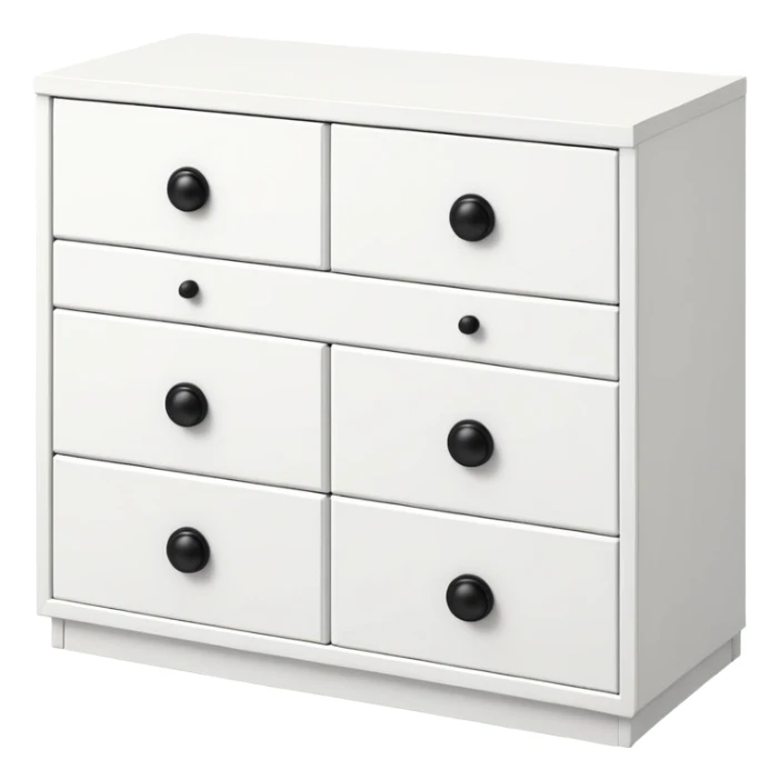 IKEA-style white 6-drawer chest with one small black knob per drawer, minimalist design sticker
