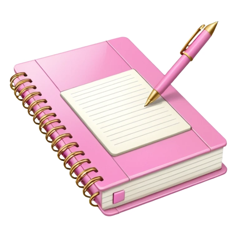 Notebook, gold and pink and white. angled view. with pen sticker