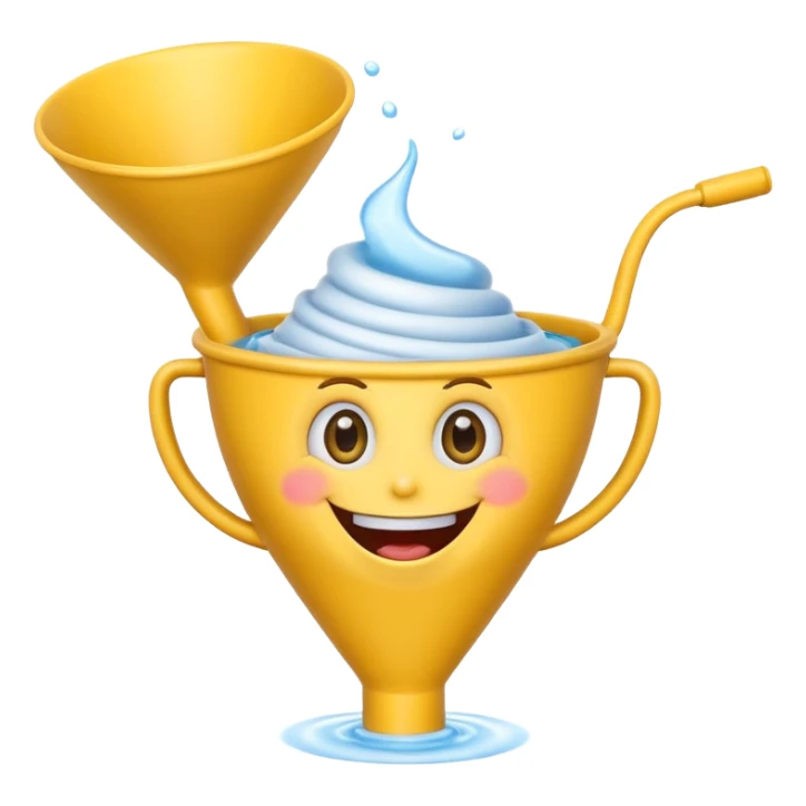 Crazy laughing emoji with an upside-down kitchen funnel on its head (not a hat), wide smile, big eyes, cartoon emoji style, bright colors. sticker