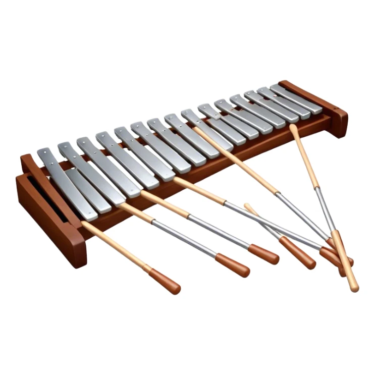 Create a detailed and professional emoji representing a Fleet FLT-SX37 long orchestral wooden xylophone. The design should showcase the large wooden bars of the xylophone, arranged in a traditional setup, with soft metallic accents on the mallets. The bars should have a rich wood texture, with polished details to reflect the quality of the instrument. The mallets should be held above the bars, with the heads clearly visible. Use warm, rich wood tones like mahogany and light brown, with silver or metallic accents for the mallets. Add subtle musical notes floating above the xylophone to emphasize its melodic sound. The background should be transparent. sticker